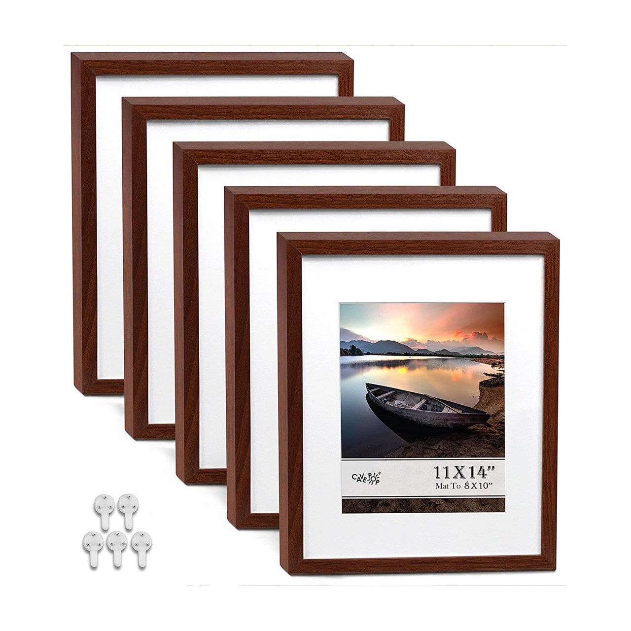8 X 10 Picture Frame w-Mat/11 X 14 without Mat -Walnut - 5 Units